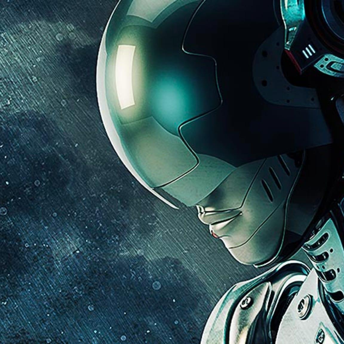 Zbliżenie futurystycznej robotycznej głowy z migającymi oczami i metalicznym wykończeniem.