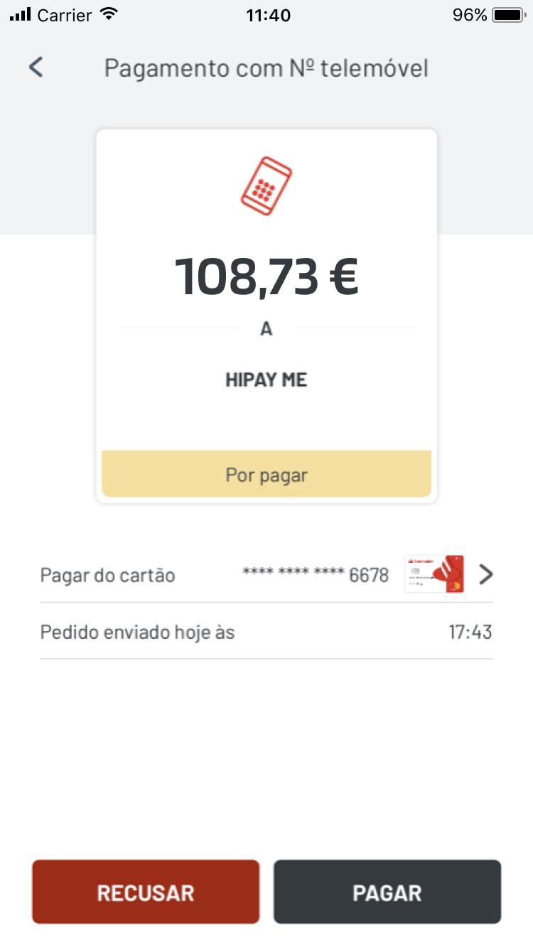 Schermo di pagamento mobile che visualizza una transazione di 108,73 € con un pulsante di pagamento da HIPAY ME