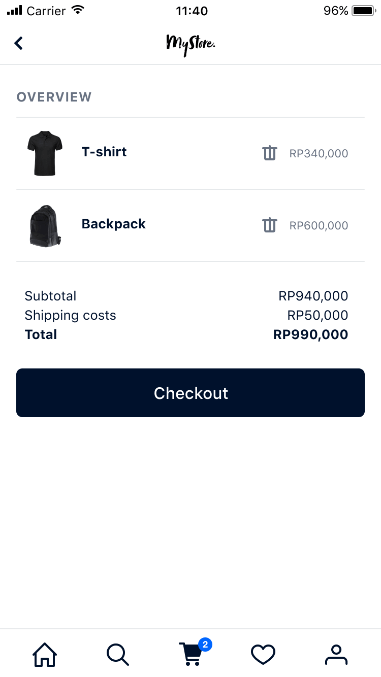 Mobile Shopping-App-Bildschirm mit Einkaufswagen, der ein T-Shirt und einen Rucksack enthält, inkl. Versandkosten