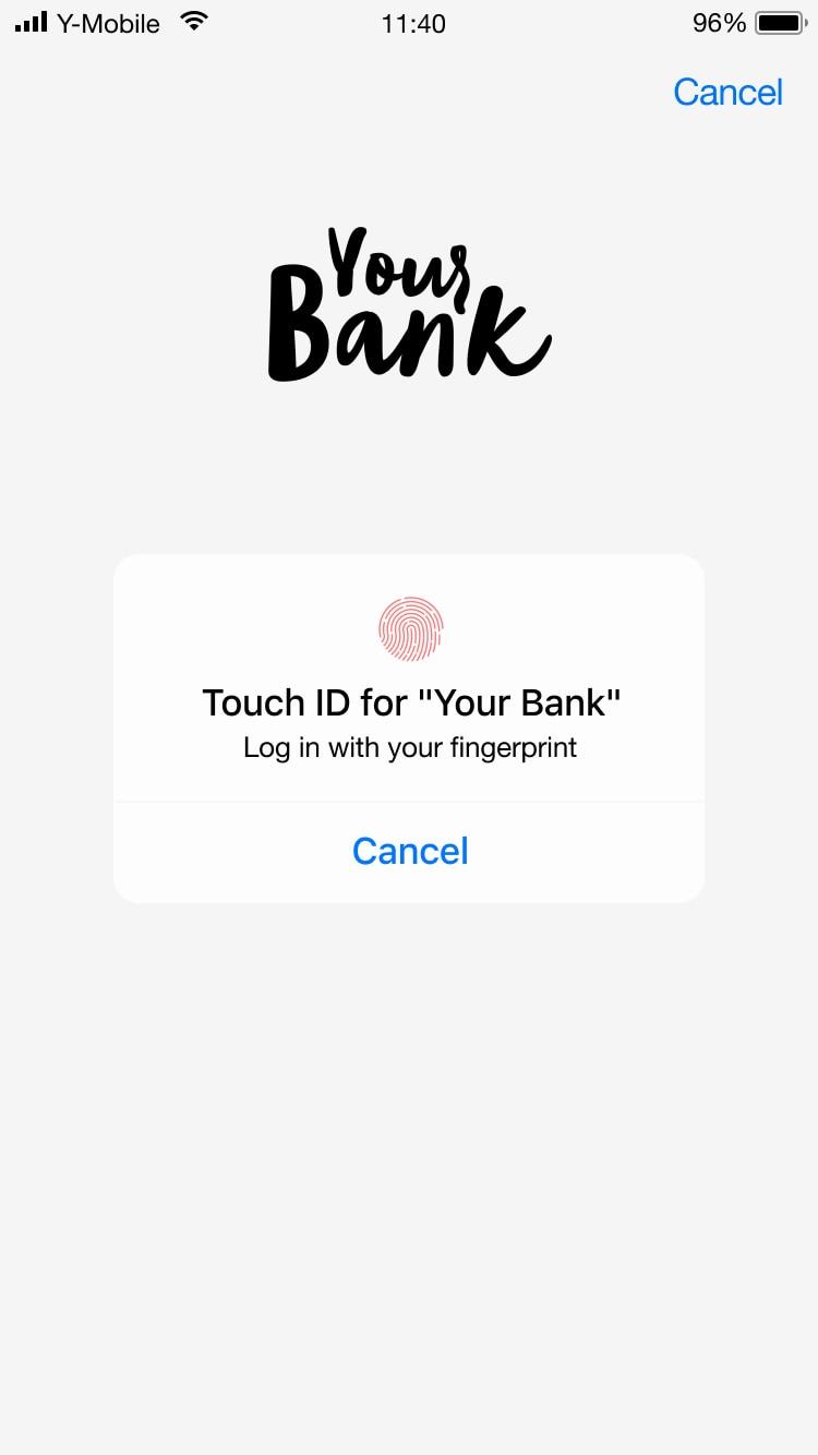 Schermo mobile che visualizza la richiesta di accesso con impronta digitale 'La tua banca' con pulsante Annulla in basso
