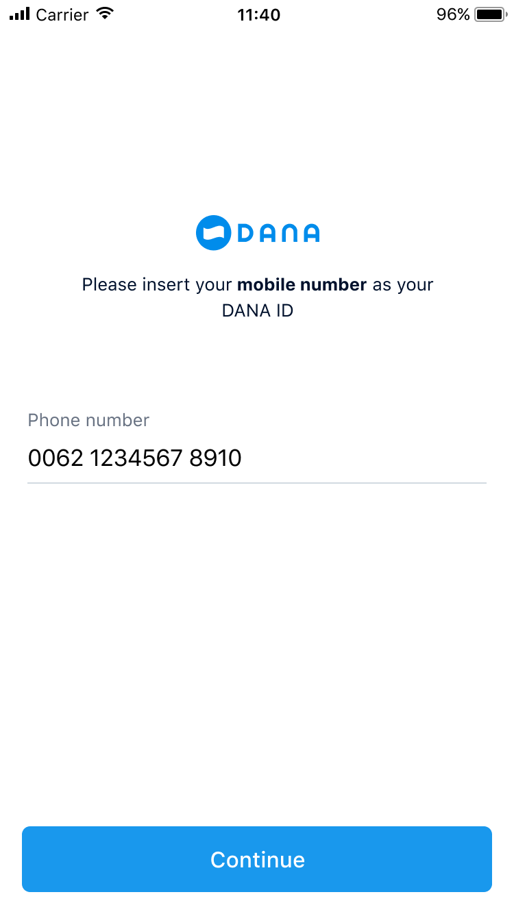 Schermo di inserimento del numero di cellulare per la registrazione DANA ID con pulsante blu 'Continua'