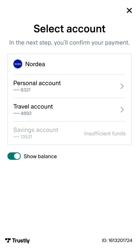 Mobilskärm som visar kontoval för betalning med alternativ att visa saldo