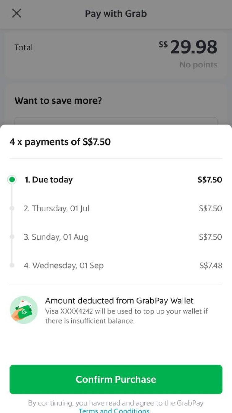 Schermo di pagamento con un totale di S$29,98 e opzione di piano di pagamento a 4 rate con Grab