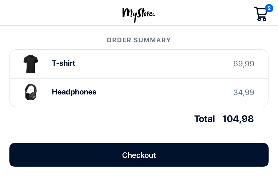 Online-Einkaufswagen mit T-Shirt und Kopfhörern im Gesamtwert von 104,98 Euro, Bestellabschluss-Button sichtbar
